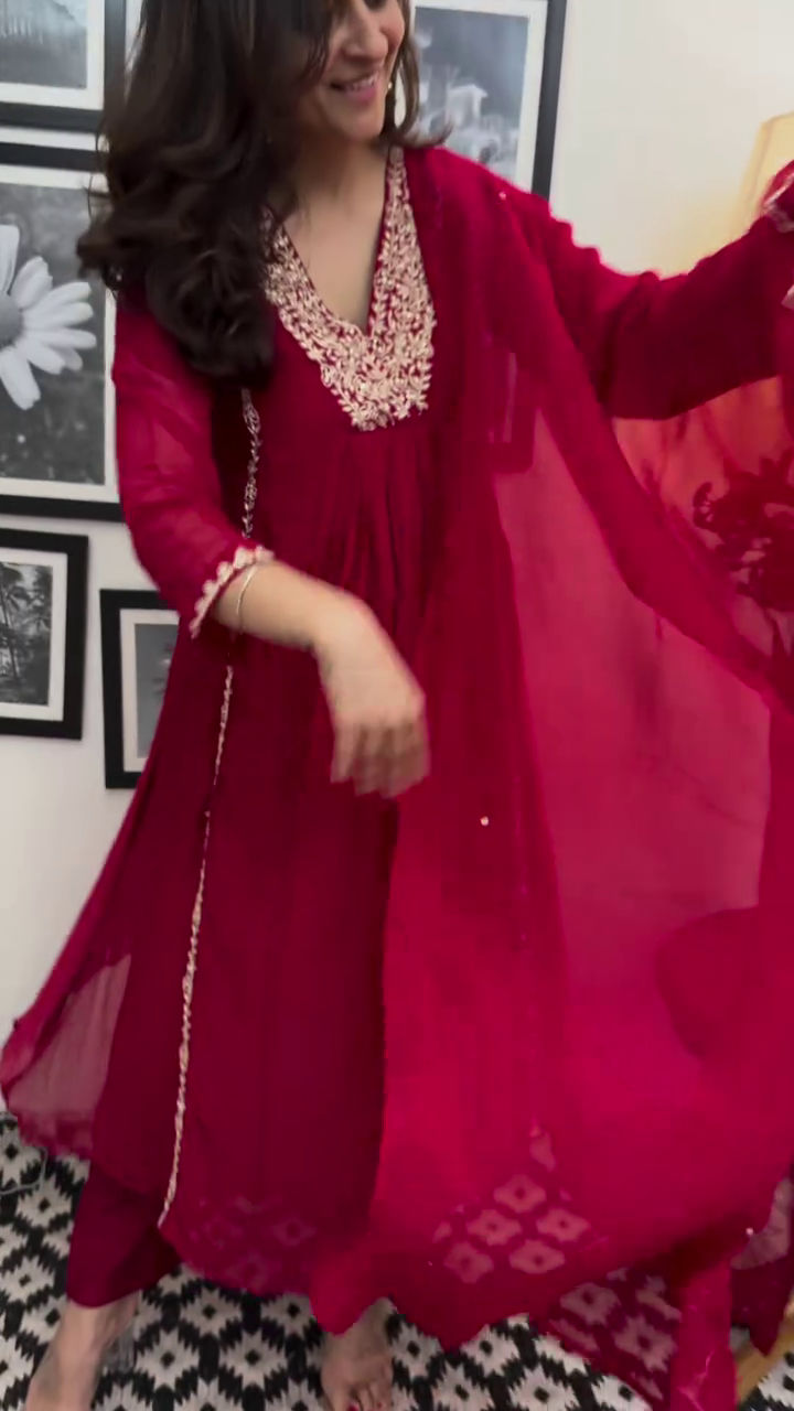 Red Festive Anarkali Suit Set