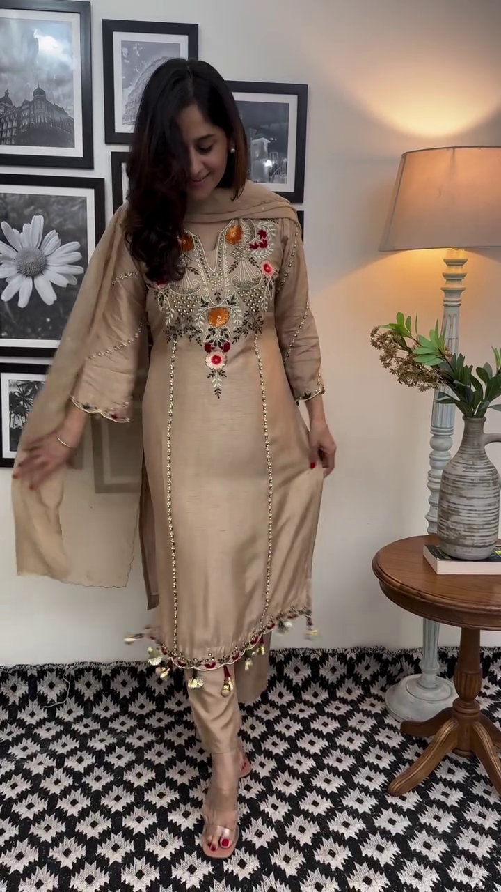 Beige Floral Embroidered Kurta Set
