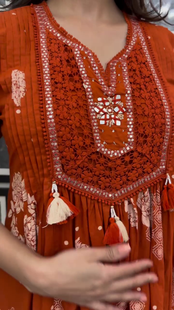 Rust Orange Printed Anarkali Suit Set