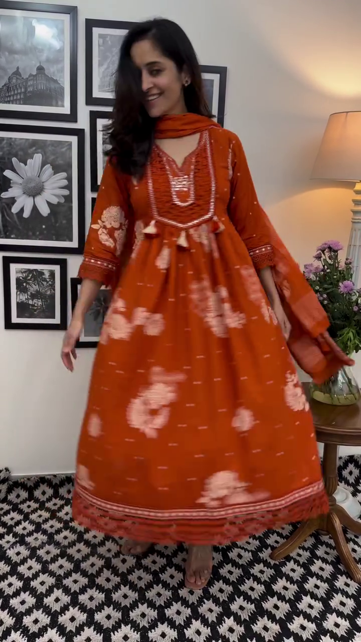 Rust Orange Printed Anarkali Suit Set