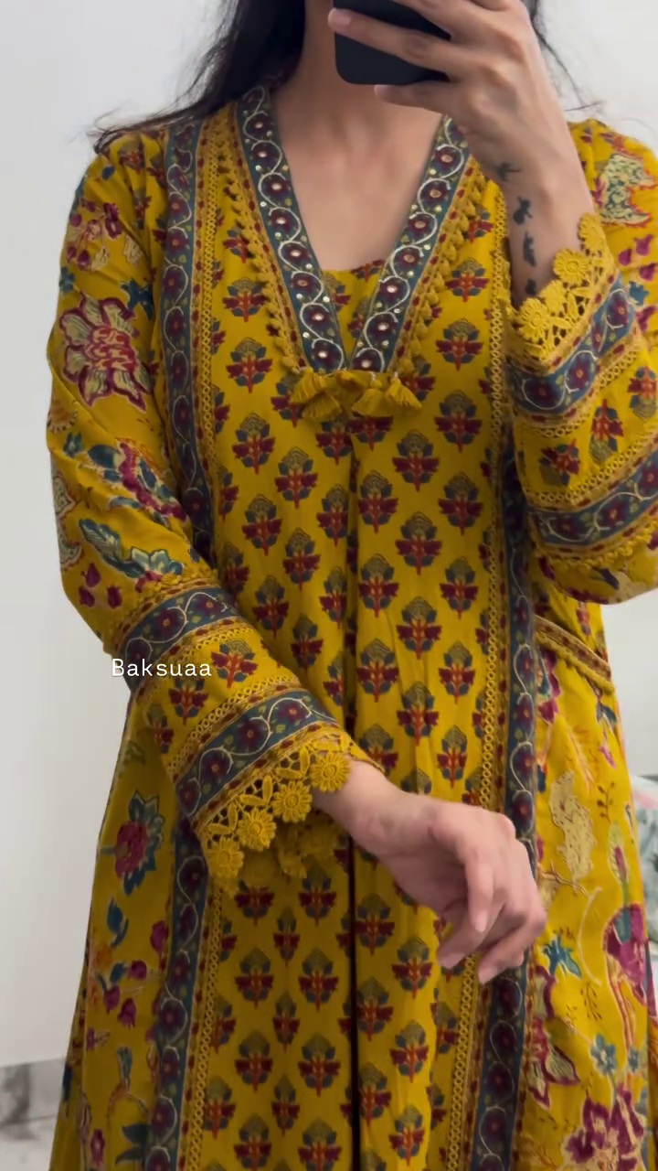 Mustard Yellow Printed Kurta Palazzo Set