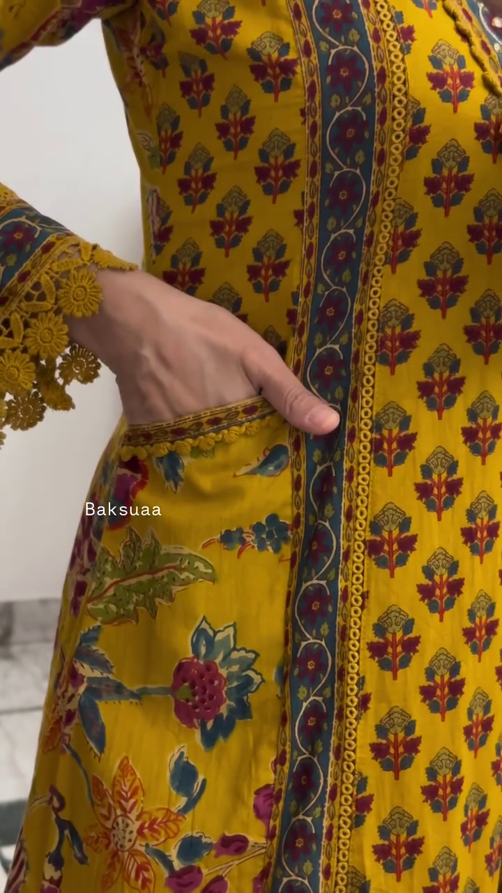 Mustard Yellow Printed Kurta Palazzo Set