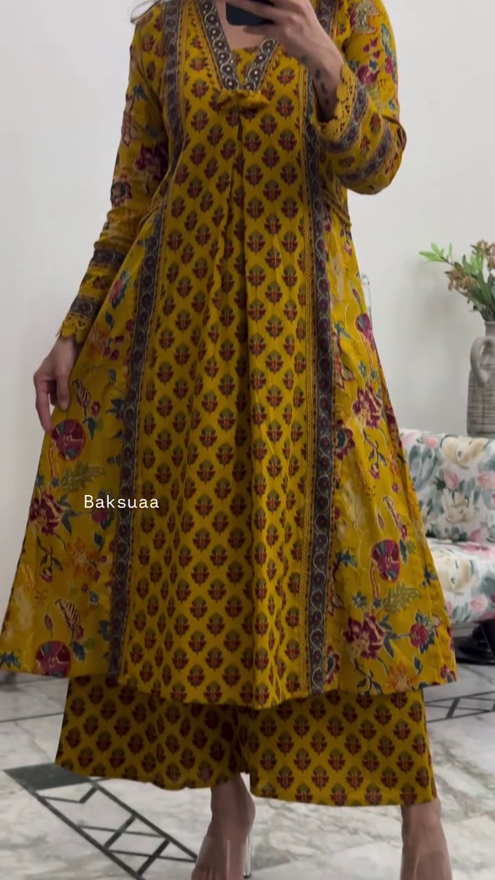 Mustard Yellow Printed Kurta Palazzo Set