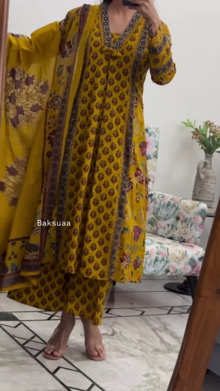 Mustard Yellow Printed Kurta Palazzo Set