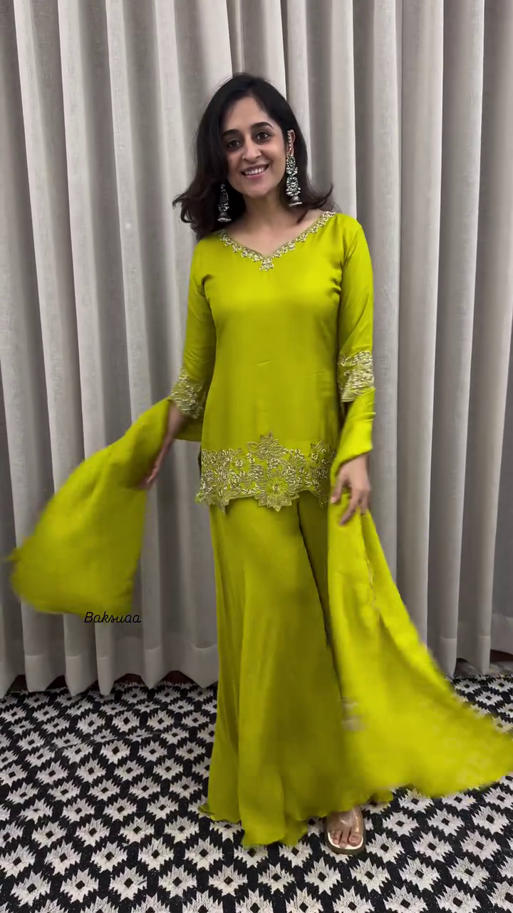 Lime Green Festive Kurta Sharara Set