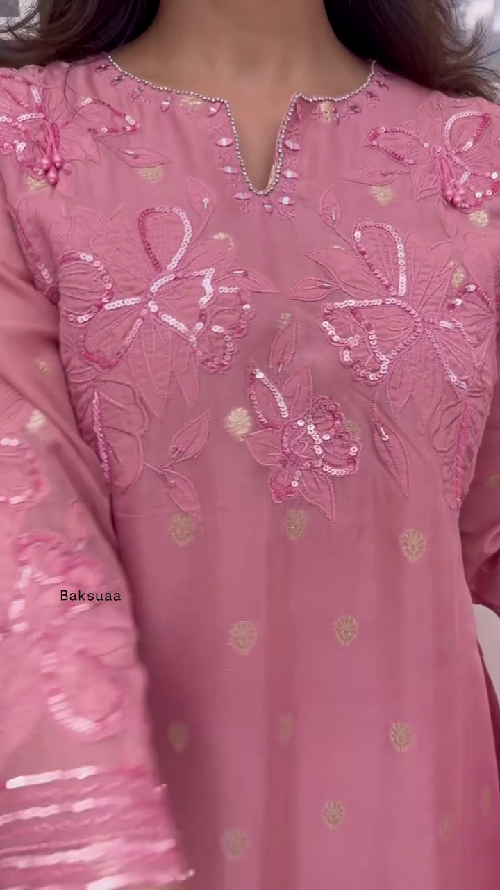 Soft Pink Embroidered Straight Suit Set