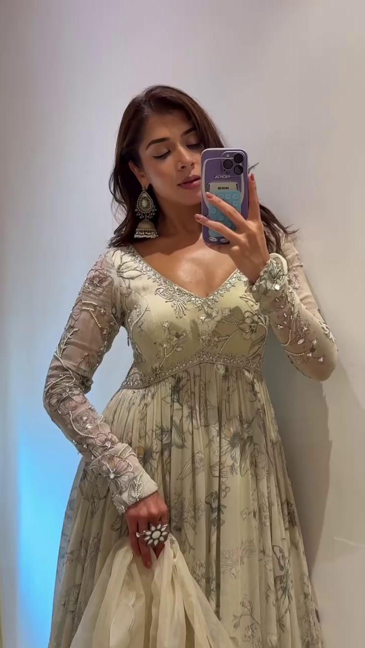 Champagne Beige Floral Designer Gown