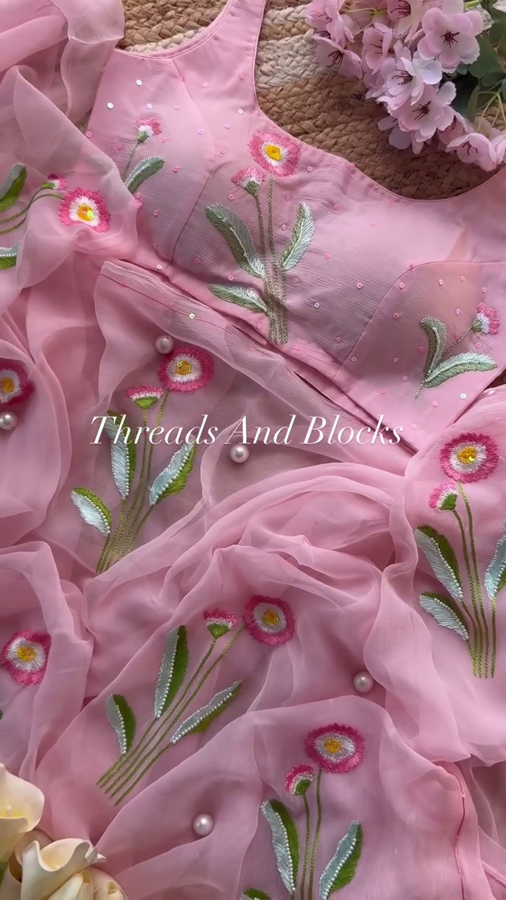 Pink Floral Embroidered Organza Suit