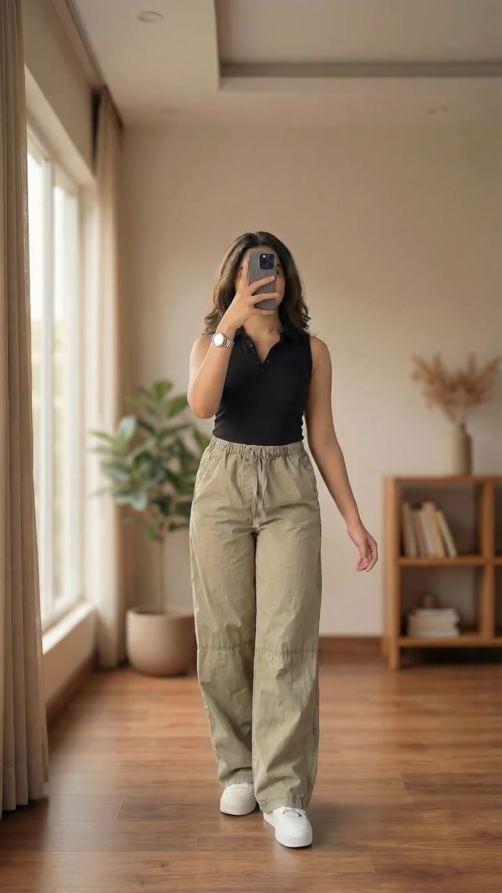 Olive Cargo Pants with Black Top