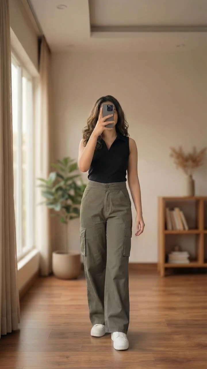 Olive Cargo Pants with Black Top