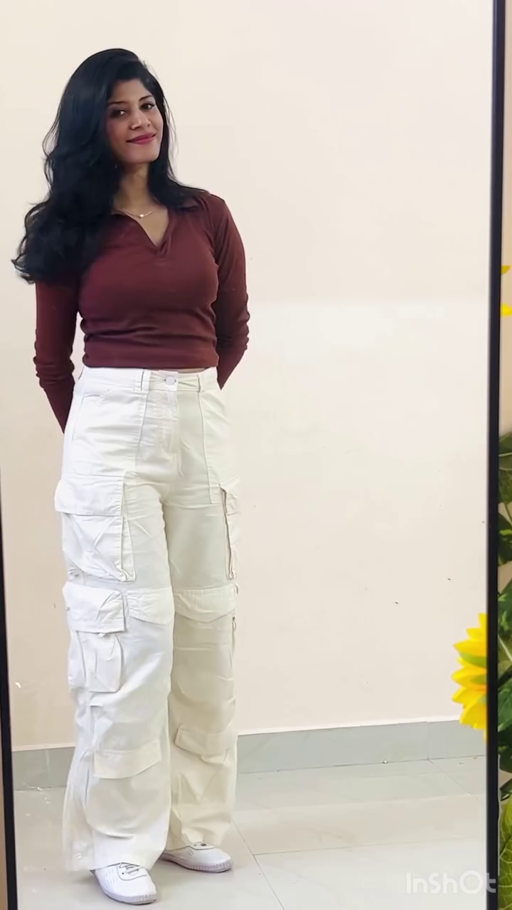 Maroon Top with White Cargo Pants