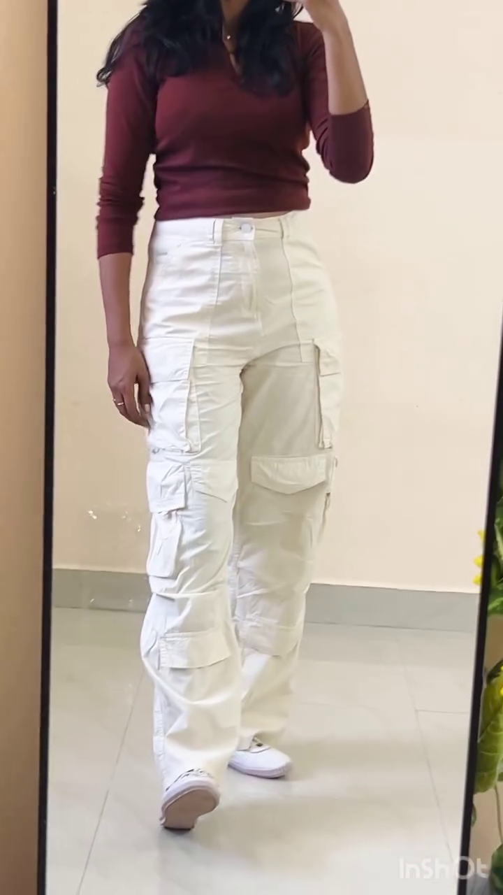 Maroon Top with White Cargo Pants