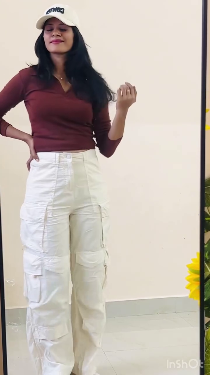 Maroon Top with White Cargo Pants