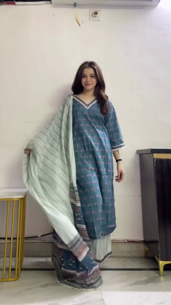 Teal Printed Kurta Set with Dupatta