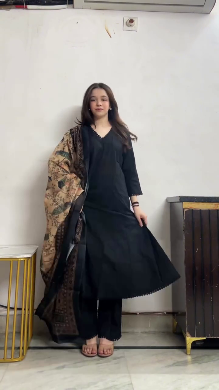 Black Kurta with Printed Dupatta