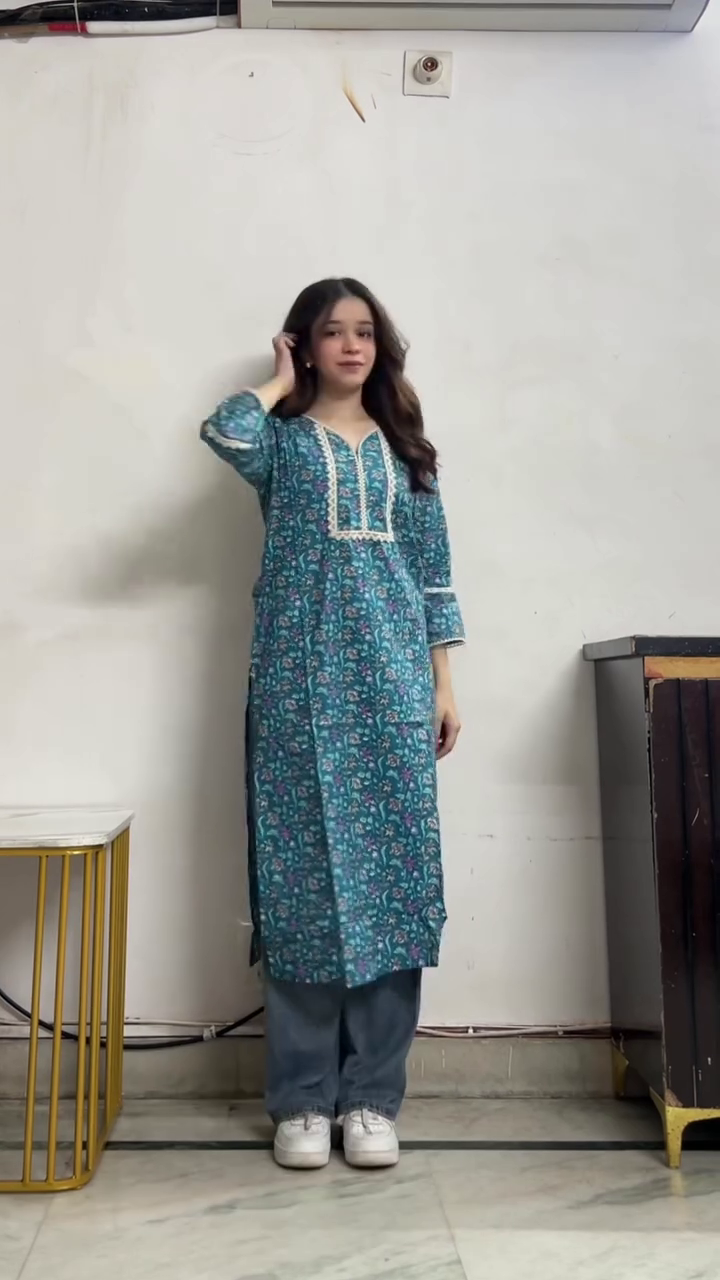 Teal Printed Kurta with Jeans