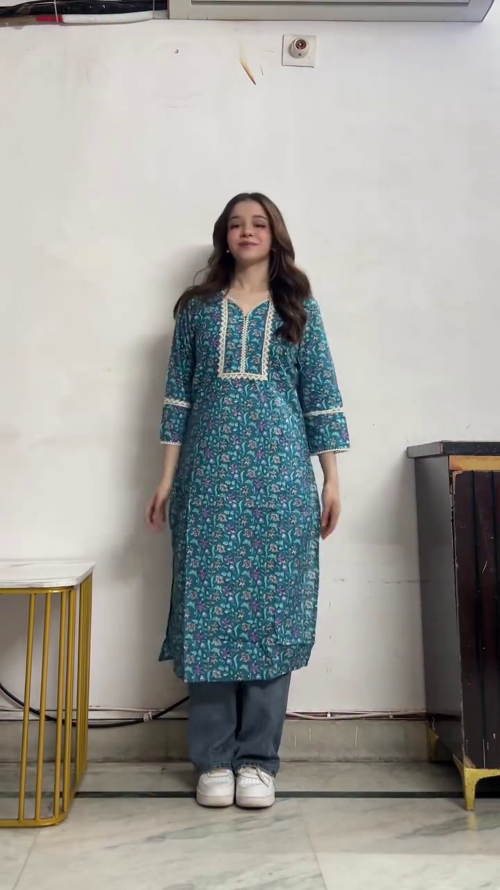 Teal Printed Kurta with Jeans