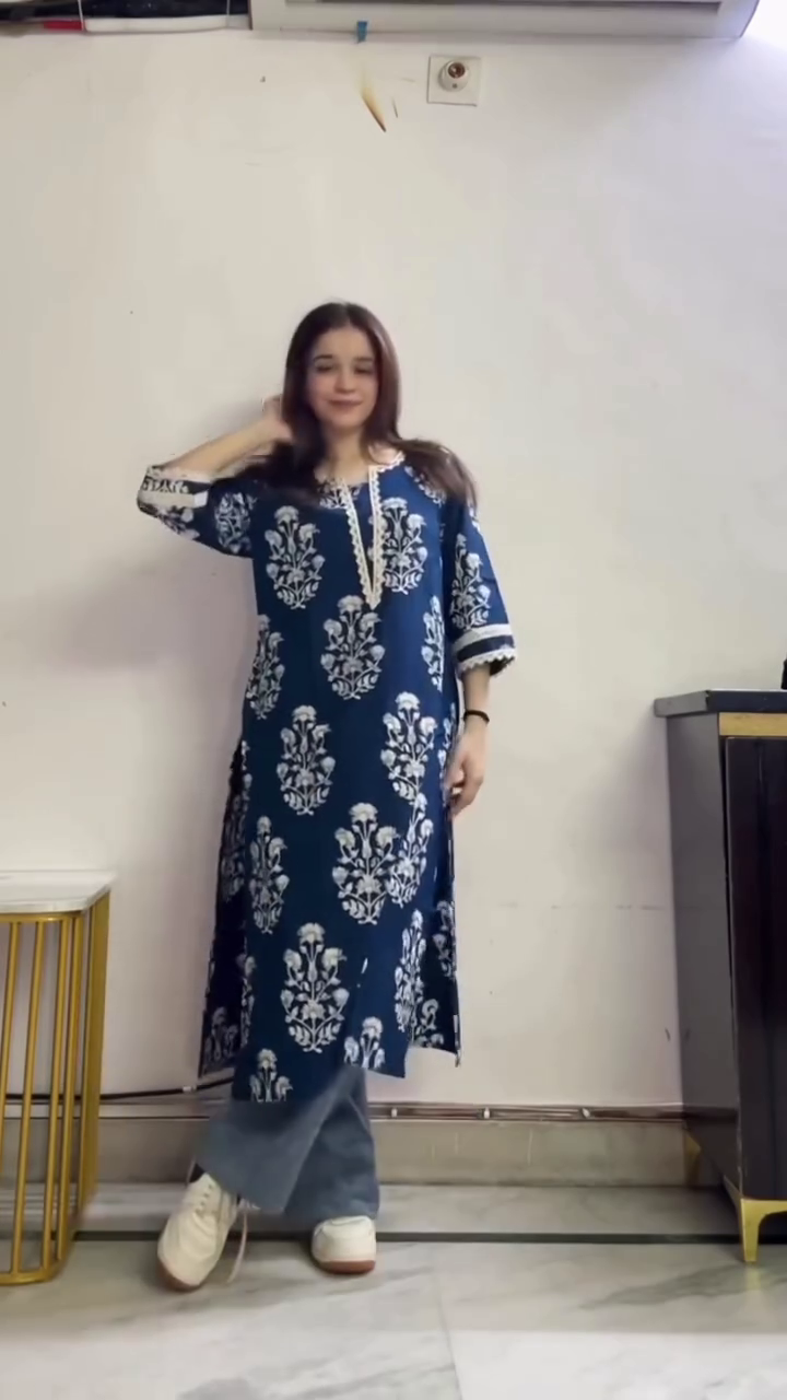 Blue Printed Kurta with Jeans