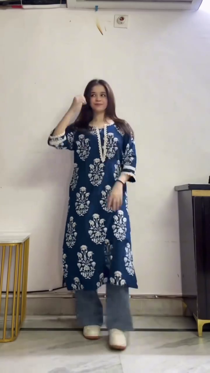 Blue Printed Kurta with Jeans