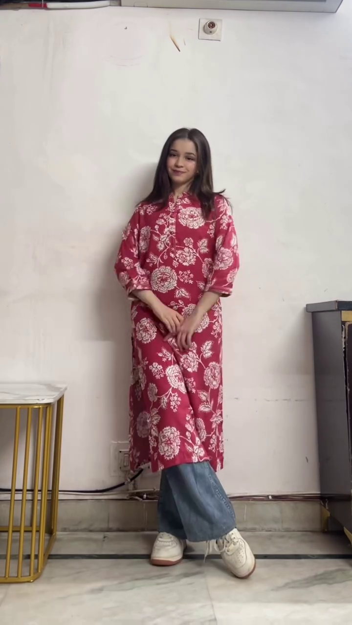 Red Floral Kurta with Jeans