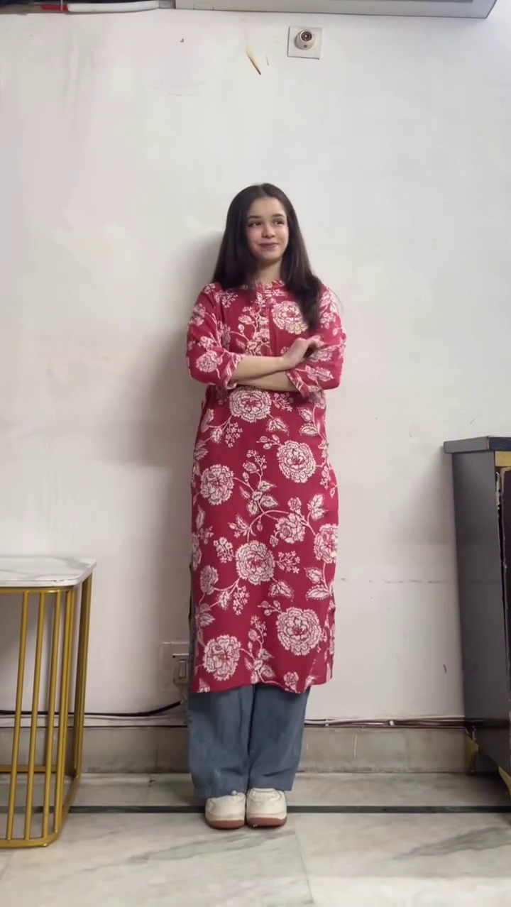 Red Floral Kurta with Jeans