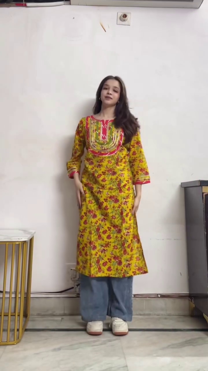 Yellow Floral Kurta with Jeans