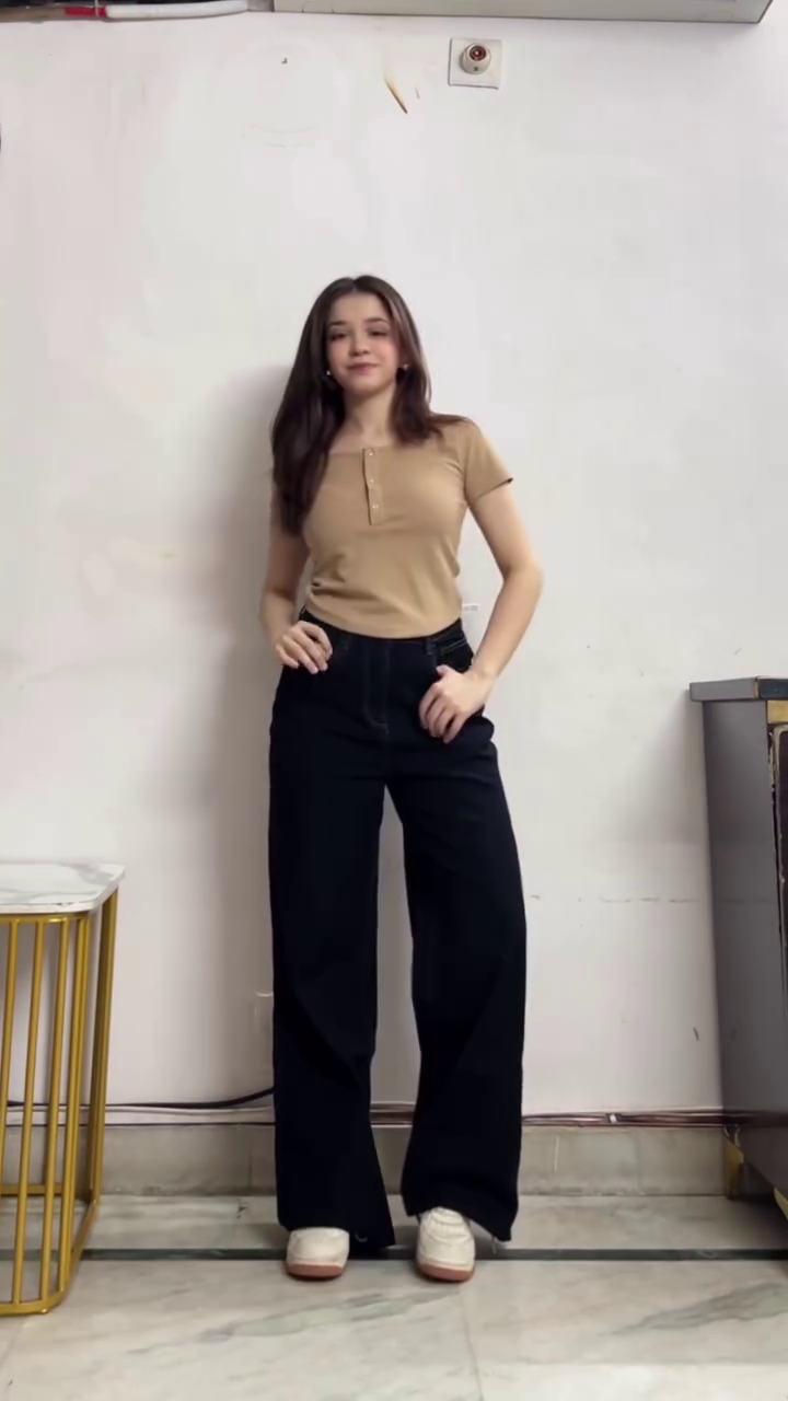 Beige Top with Black Wide Pants