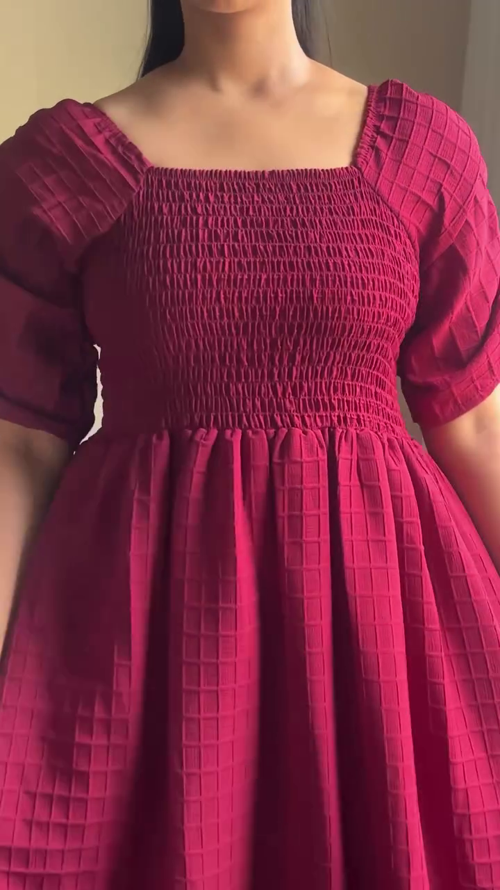 Maroon Smocked Midi Dress