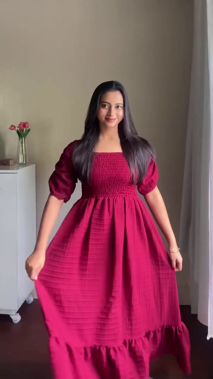 Maroon Smocked Midi Dress