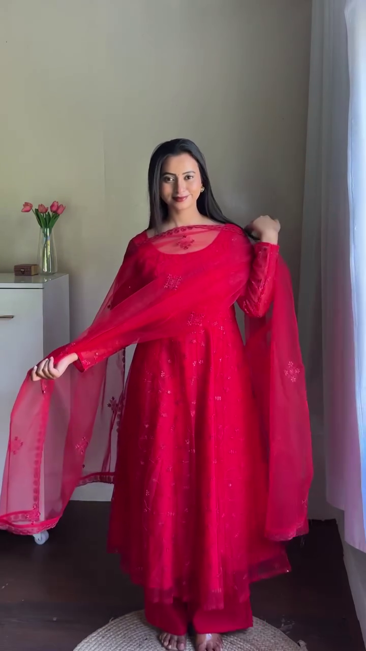 Red Embroidered Ethnic Suit