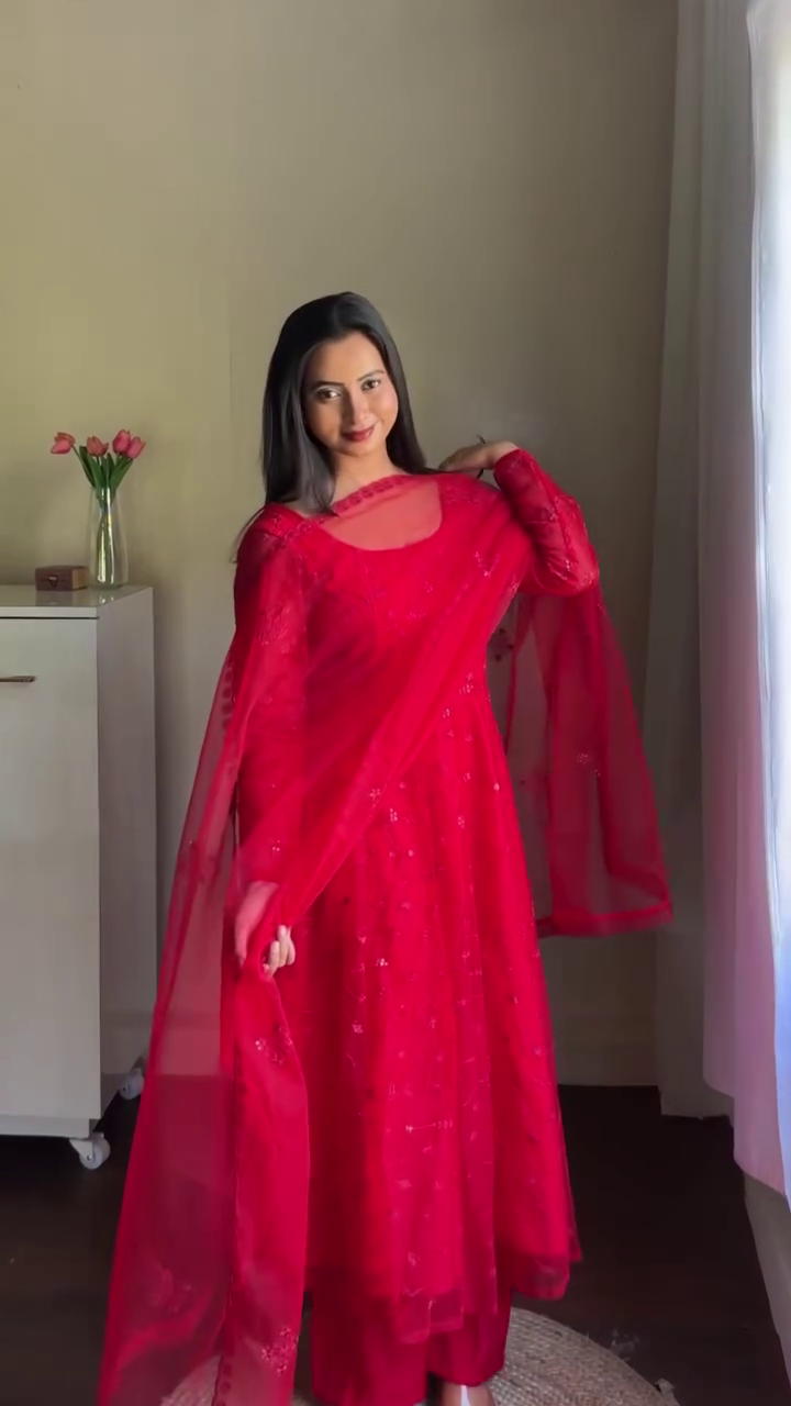Red Embroidered Ethnic Suit