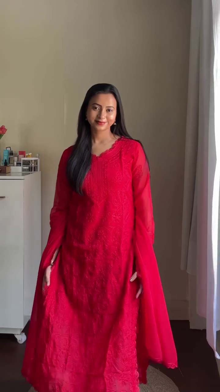 Red Chikankari Style Kurta