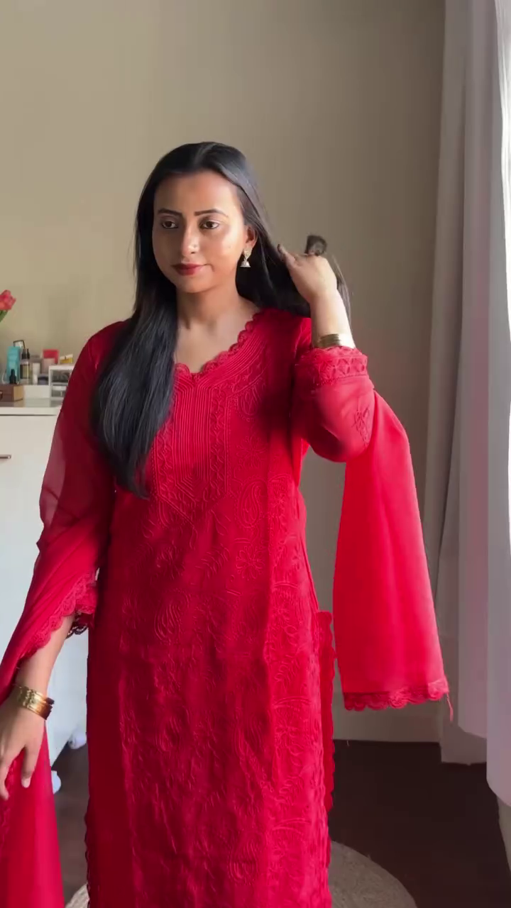 Red Chikankari Style Kurta