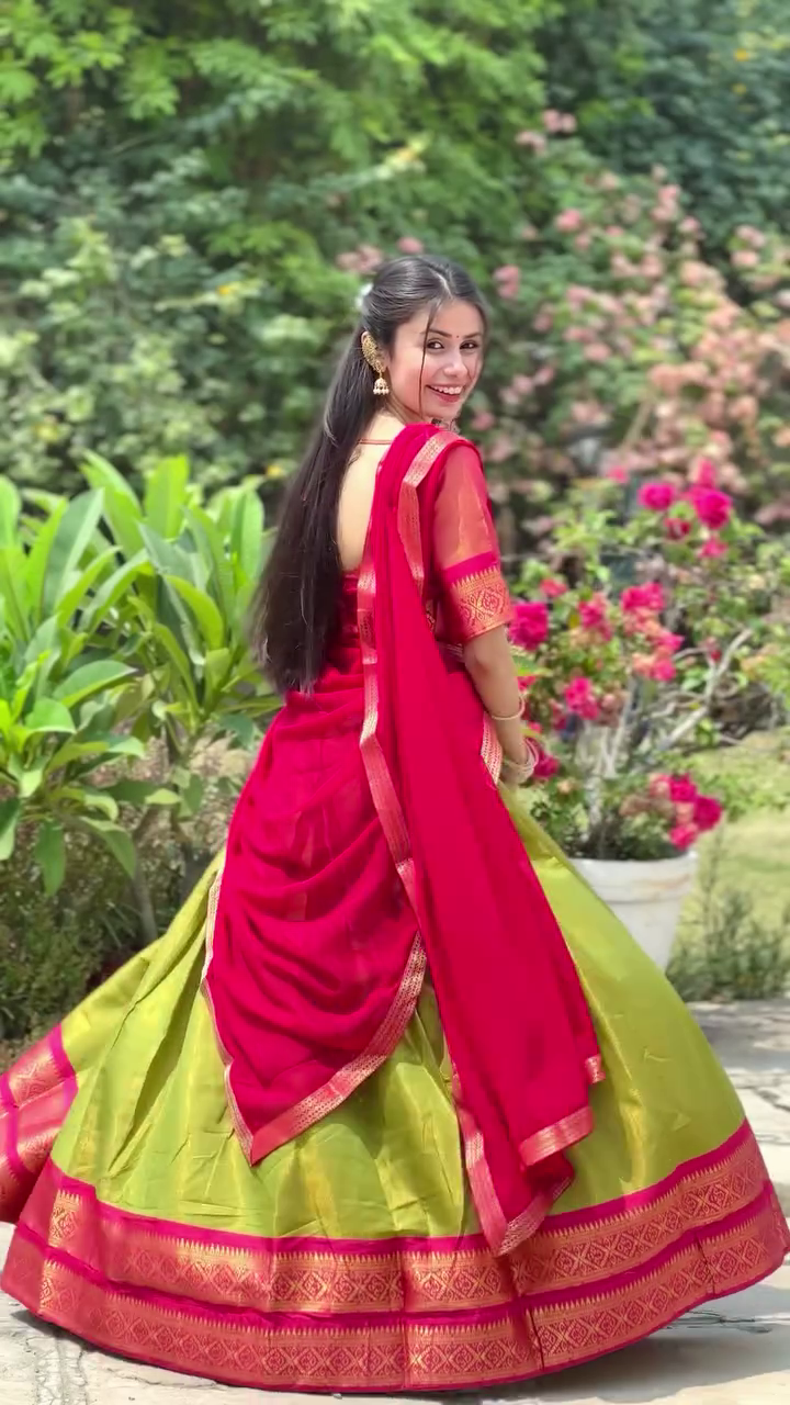 Red & Olive Silk Lehenga Set