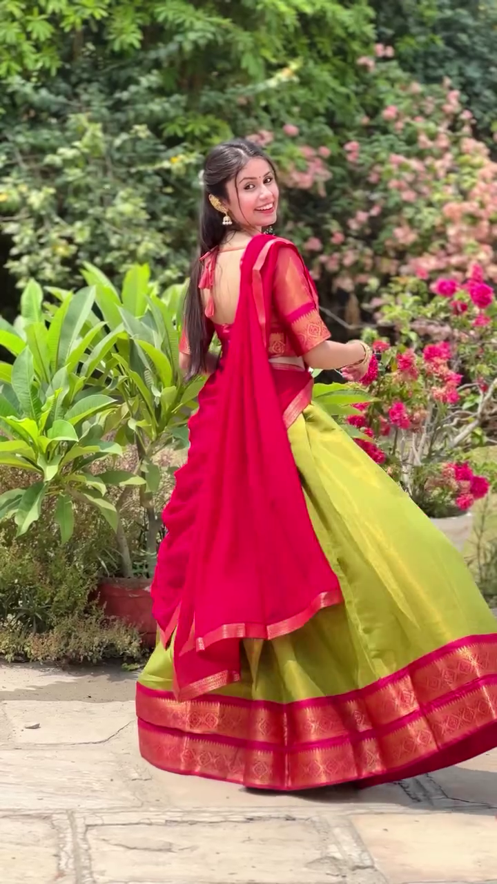 Red & Olive Silk Lehenga Set