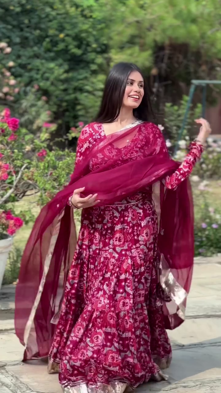 Wine Floral Printed Anarkali