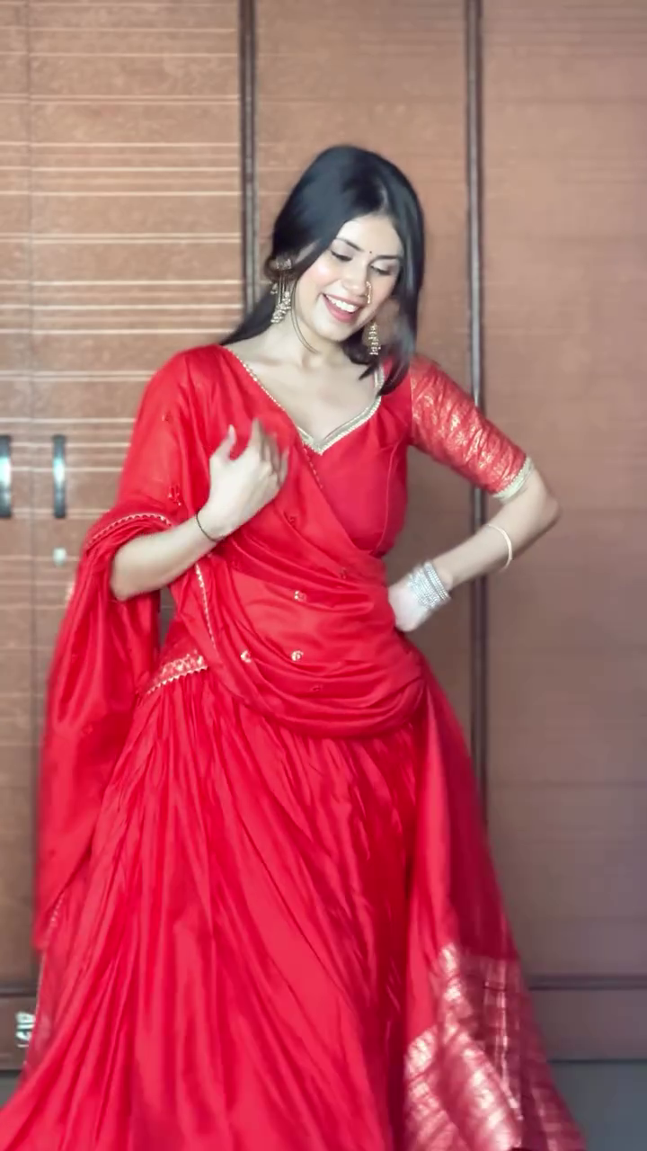 Designer Red Draped Lehenga Saree Set