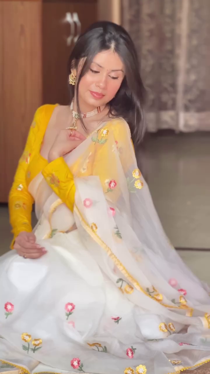 Yellow & White Floral Saree