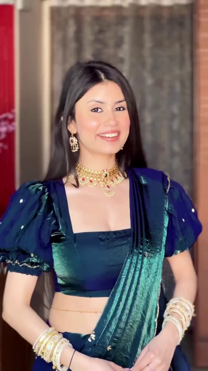 Midnight Blue Saree with Puff Sleeve Blouse