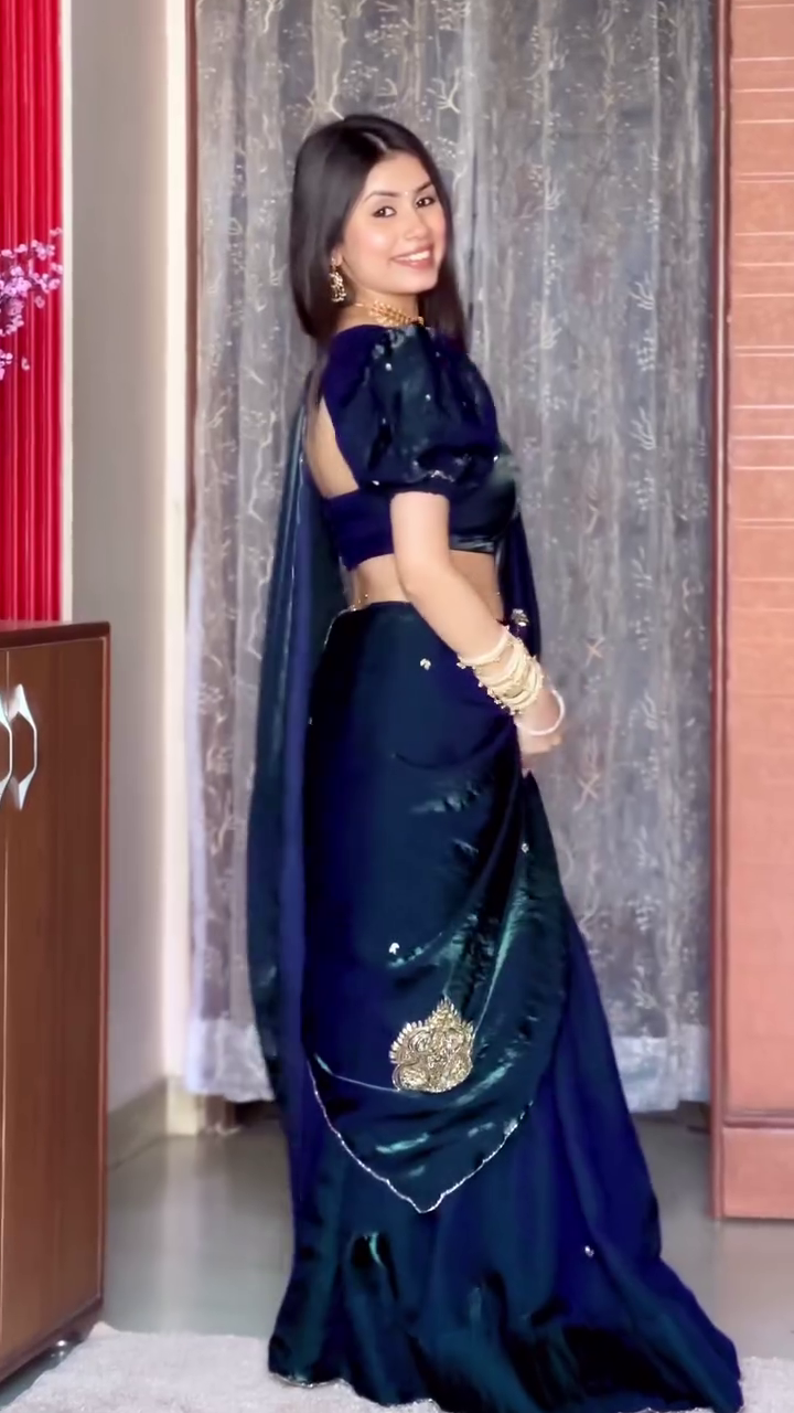 Midnight Blue Saree with Puff Sleeve Blouse