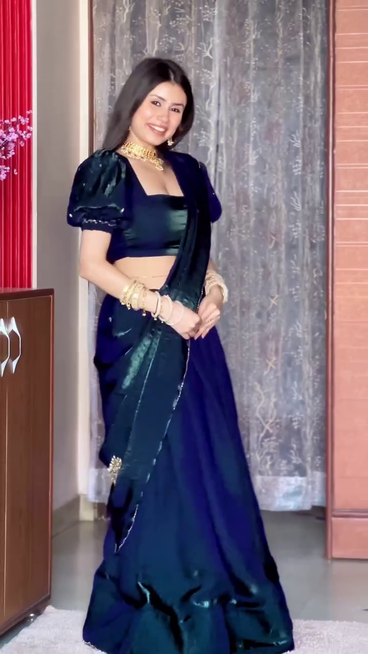 Midnight Blue Saree with Puff Sleeve Blouse