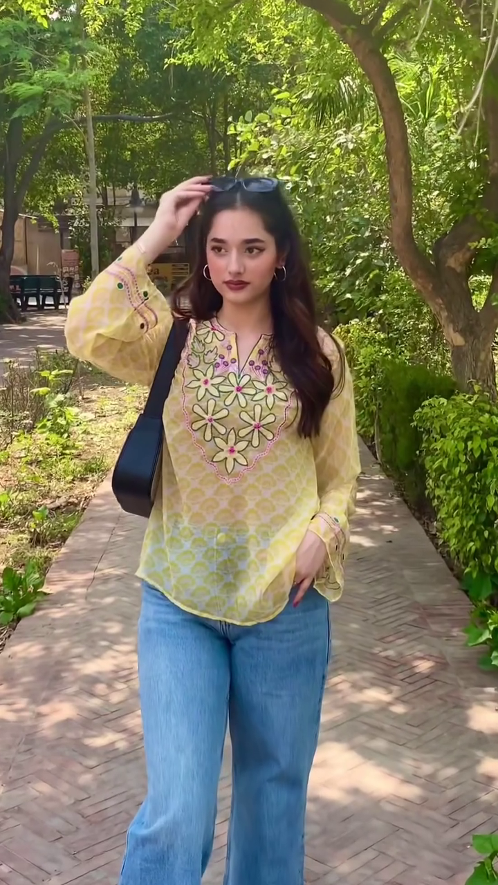 Mustard Embroidered Casual Top with Denim Look
