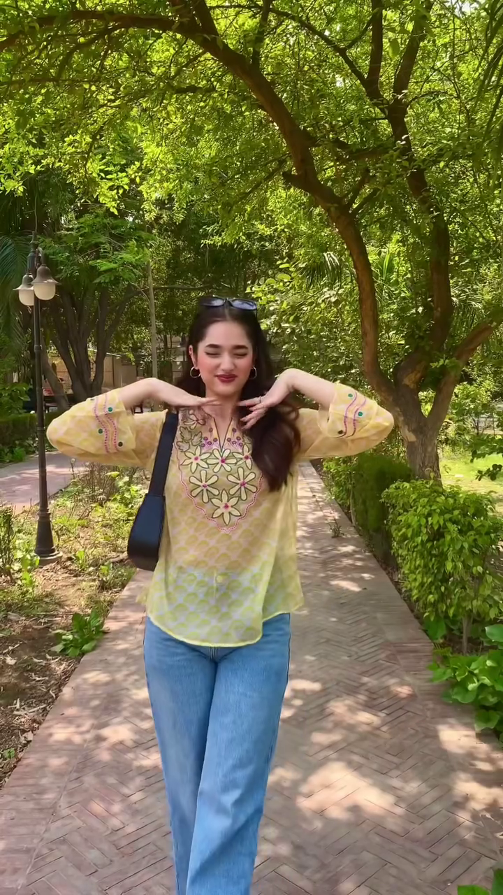 Mustard Embroidered Casual Top with Denim Look