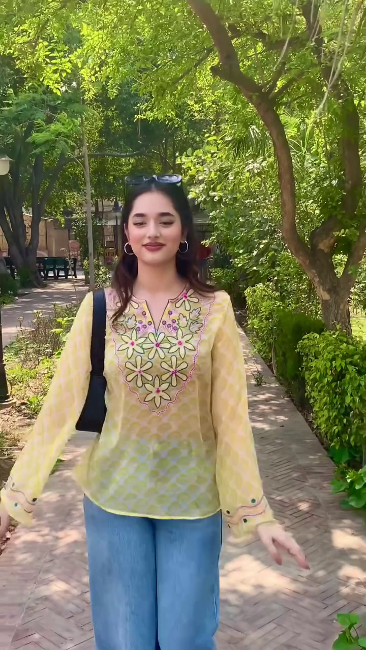 Mustard Embroidered Casual Top with Denim Look