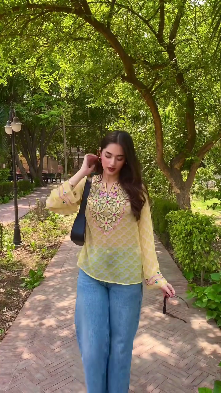 Mustard Embroidered Casual Top with Denim Look
