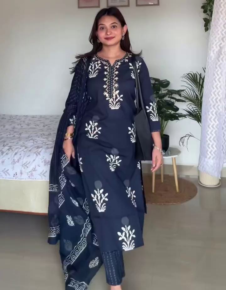 Navy Blue Printed Kurta Set with Dupatta