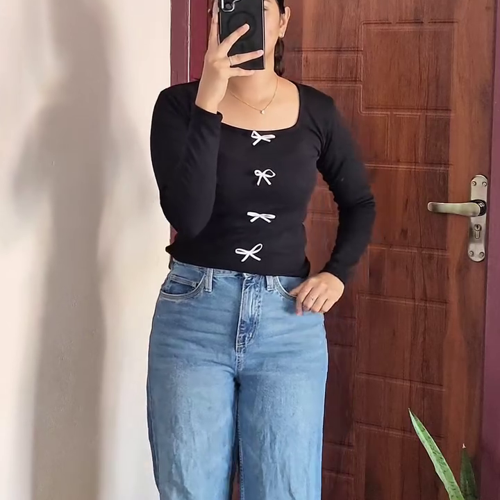 Black Ribbed Top with Bow Detail