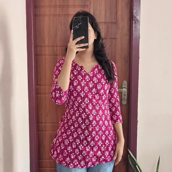 Red Printed Peplum Top with Denim Pairing