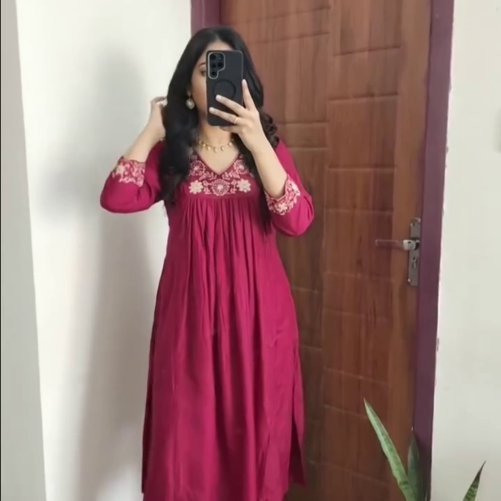 Maroon Embroidered Kurti Dress with Flare