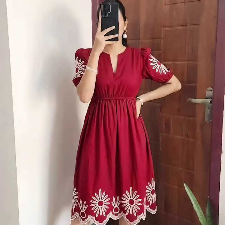 Wine Embroidered Maxi Dress with Ethnic Touch